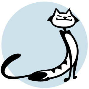 Hvid katte-logo med blå cirkel omkring